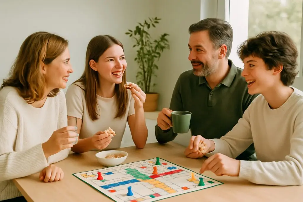 Familia compartiendo un juego de mesa, riendo y conversando, como ejemplo de vínculo positivo y conexión emocional entre padres e hijos adolescentes.