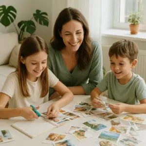 Madre y sus hijos comparten un momento creativo y de conexión emocional elaborando un collage. La escena refleja presencia, vínculo y disfrute compartido en el acompañamiento respetuoso a la infancia.