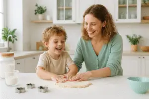Madre e hijo cocinan juntos con alegría, compartiendo un momento de conexión y ternura. Representa la importancia de la presencia emocional, la calma y el vínculo consciente en la crianza.