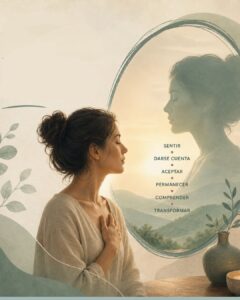 Mujer observándose en un espejo como símbolo de conciencia y darse cuenta en el ciclo de la experiencia en psicoterapia