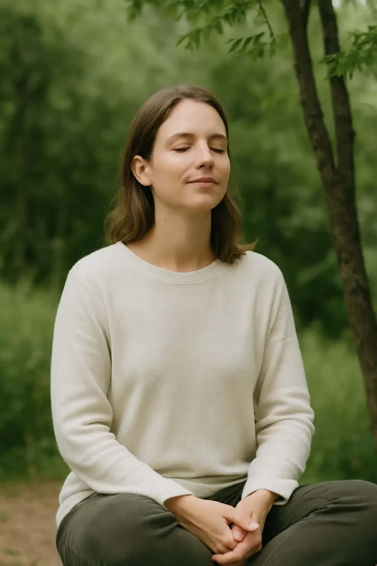 Mujer sentada al aire libre con los ojos cerrados, en postura relajada y respiración calmada, simbolizando la regulación emocional tras el ejercicio del Anclaje de Cook.