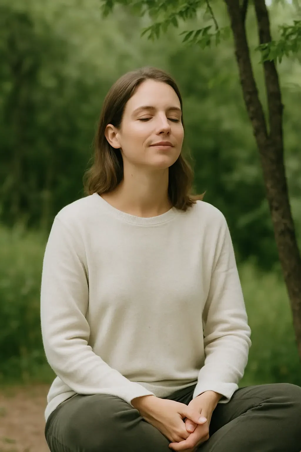 Mujer sentada al aire libre con los ojos cerrados, en postura relajada y respiración calmada, simbolizando la regulación emocional tras el ejercicio del Anclaje de Cook.