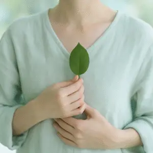Mujer sosteniendo una hoja verde sobre el pecho, símbolo de autocuidado, sanación y reconexión interior. Representa la psicoterapia humanista y el acompañamiento emocional para mujeres en Mon Psicología.