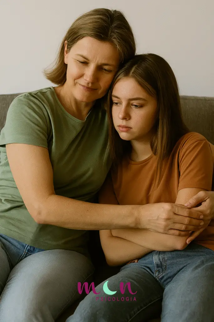 Madre abrazando a su hija adolescente con expresión de ternura y calma, simbolizando la contención emocional, la empatía y el acompañamiento respetuoso.