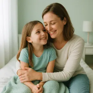 Madre e hija comparten un momento de ternura antes de dormir. La imagen refleja la conexión emocional, la calma y la seguridad afectiva que caracterizan la crianza respetuosa.