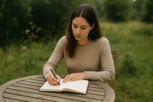 Mujer escribiendo para sanar, psicología narrativa y autocuidado emocional