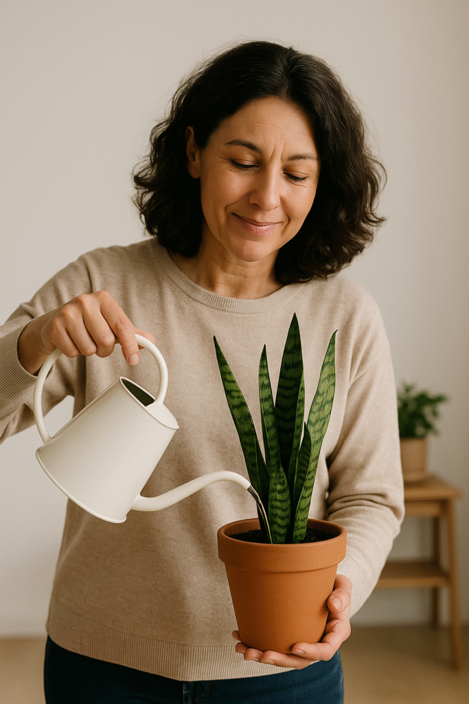 Mujer regando una planta verde como símbolo de autocuidado consciente, equilibrio y calma interior.