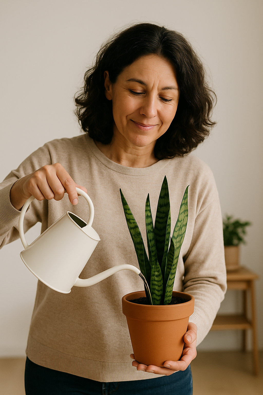 Mujer regando una planta verde como símbolo de autocuidado consciente, equilibrio y calma interior.