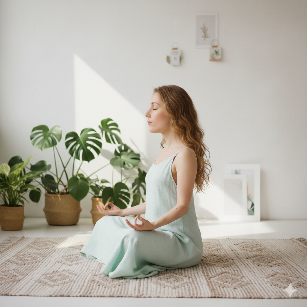 Mujer meditando con serenidad, símbolo de calma interior, respiración consciente y equilibrio cuerpo-mente en psicoterapia somática.