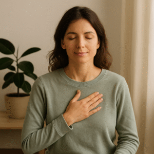 Mujer con mano sobre el pecho practicando autocuidado y conexión interior