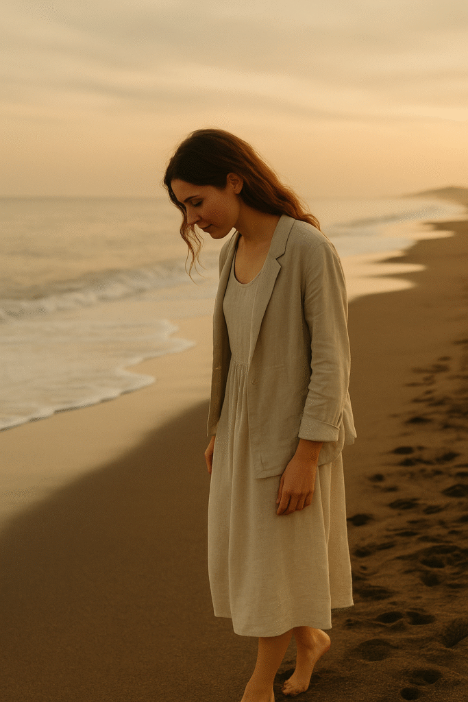Mujer caminando por la orilla del mar al atardecer, en un momento de introspección y calma.
