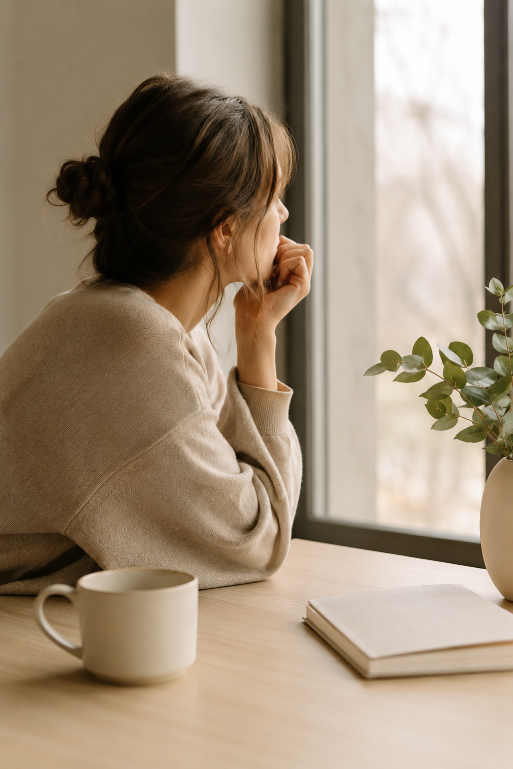 Mujer mirando por la ventana en un momento de reflexión sobre la dificultad para tomar decisiones.