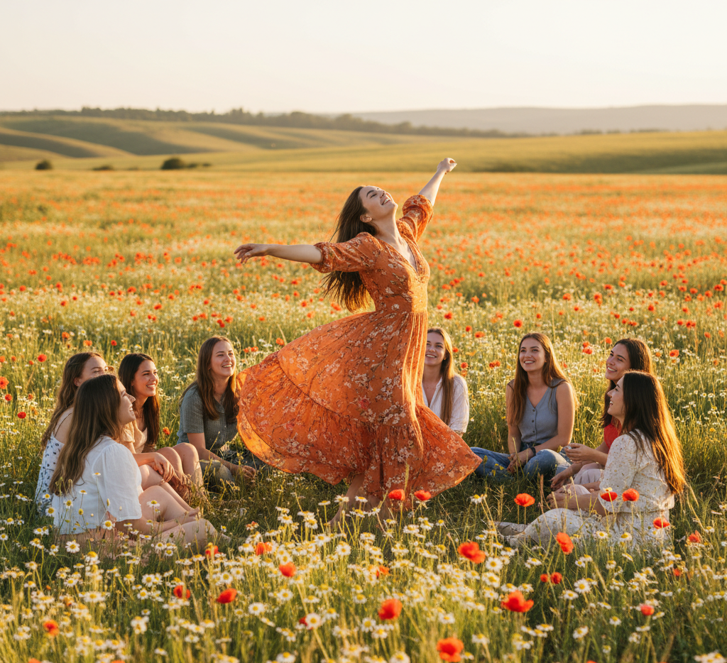 Mujeres compartiendo un momento de conexión y libertad en la naturaleza, símbolo del vínculo y la expresión emocional