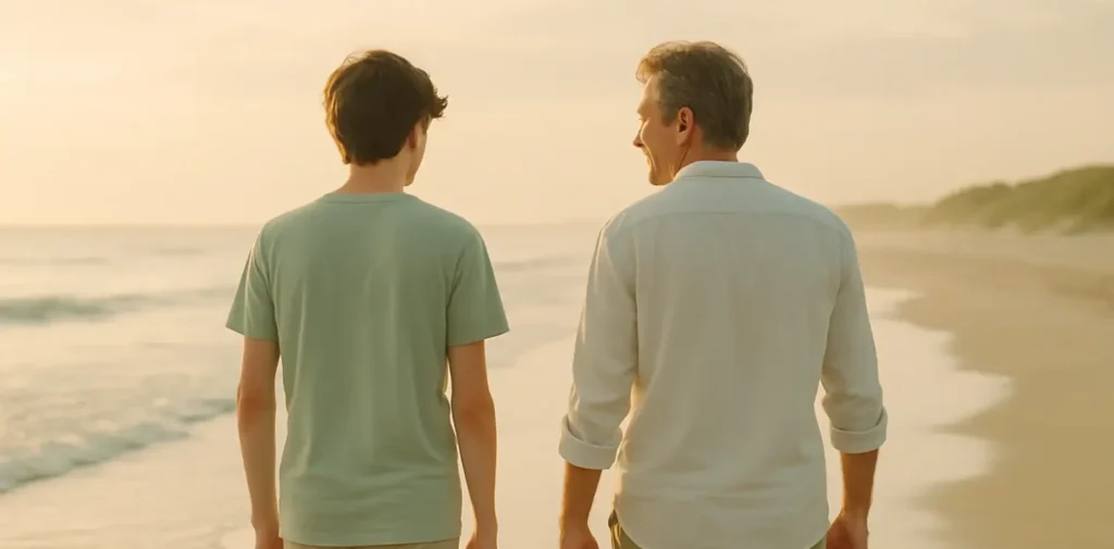 Padre y adolescente caminando juntos por la playa al atardecer, simbolizando el acompañamiento respetuoso y la conexión emocional entre generaciones.