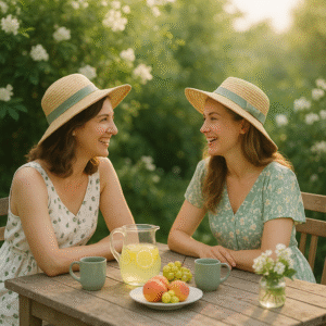Dos mujeres conversan al aire libre, compartiendo una conexión cercana y serena. Representa la importancia del vínculo, la confianza y el acompañamiento terapéutico en los procesos de psicoterapia humanista para mujeres.